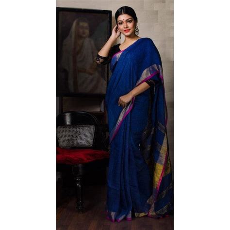 Eye-catching Dark Blue Premium Linen Saree – Ibis Fab