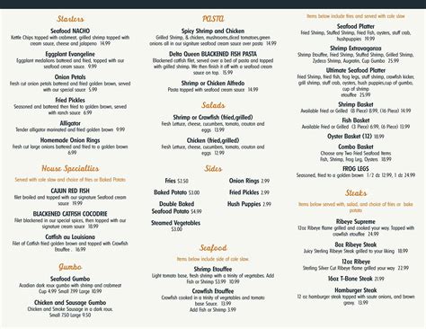 Menu at Cajun Catfish Buffet steakhouse, Ville Platte