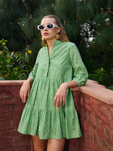 Women Green Schiffli Mandarin Collar Short Dress