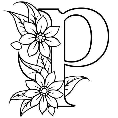 Alphabet P coloring page with the flower, P letter digital outline floral coloring page, ABC ...