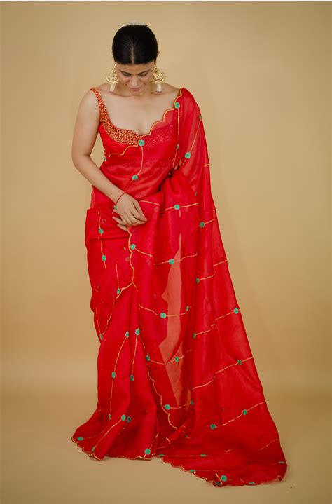 Sequence & Resham thread Hand Embroidered Handloom Organza Silk Saree ...