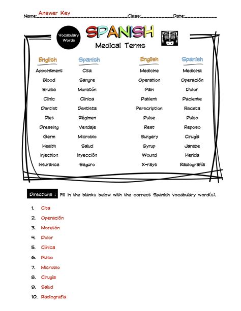 Spanish Medical Terms Vocabulary Word List Worksheet & Answer Key ...