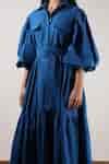 Buy Blue Cotton Fabric Flowers Collared Pocket Detailed Dress For Women ...