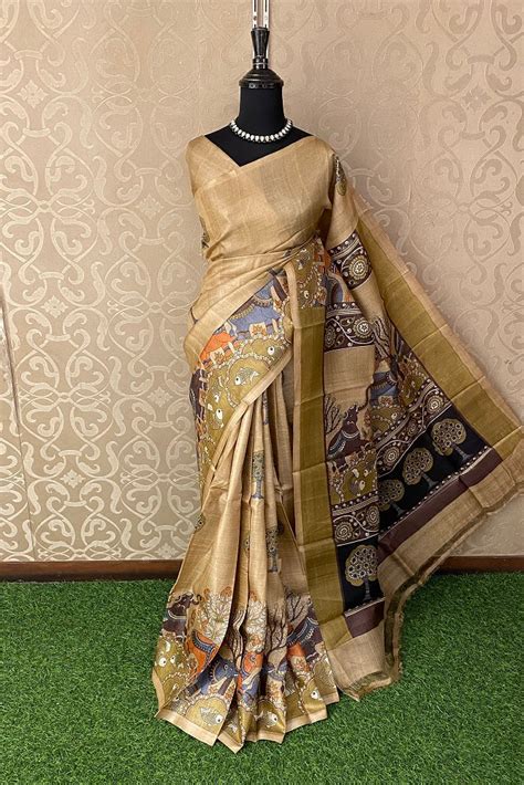 Beige Tussar Silk Printed Saree, With Unstiched Blouse – Saarang Sarees
