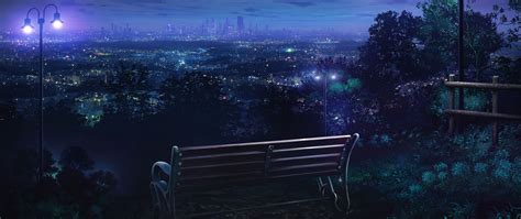 Download wallpaper 2560x1080 bench, night city, overview dual wide ...