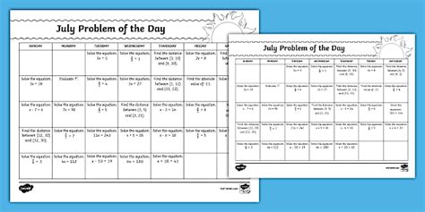 Sixth Grade 2025 Math Problem of the Day July Calendar