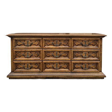 1970s Henredon Fine Furniture Spanish Revival Oak 9 Drawer Rolling Low ...