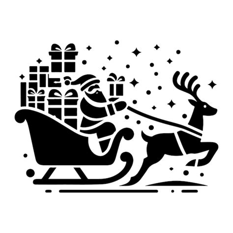 A black and white drawing silhouette of a reindeer sleigh with a santa ...