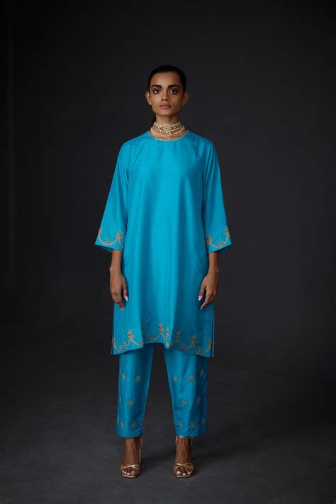 EMBROIDERED TUNIC TROUSER SET- TURQUOISE BLUE – BRIH