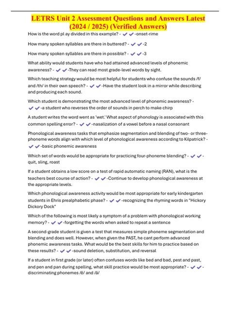 LETRS Unit 2 Assessment Questions and Answers Latest (2024 / 2025 ...
