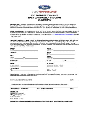 Fillable Online 2017 ford performance nasa contingency program claim ...