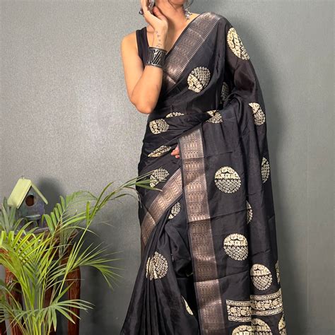 Gola Cotton One Minute Ready To Wear Black Saree With Unstiched Blouse ...