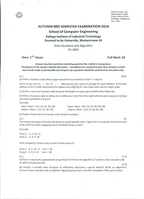 3rd Semester , B Tech , Data Structures and Algorithms, CS-2001 –Autumn ...