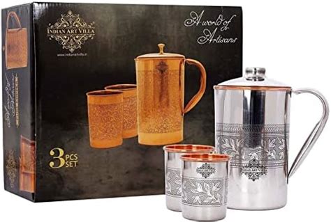 INDIAN ART VILLA Steel Copper Drinkware Gift Set of Embossed Design 1 ...