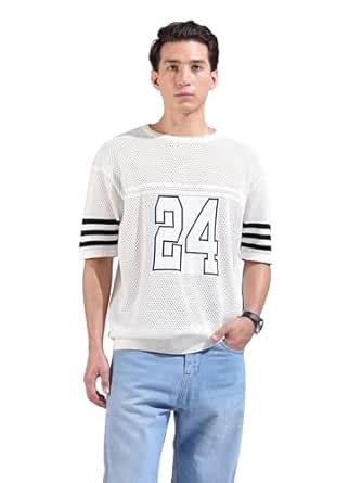 The Indian Garage Co Men Oversized Textured Flatknit Half Sleeves Crew ...
