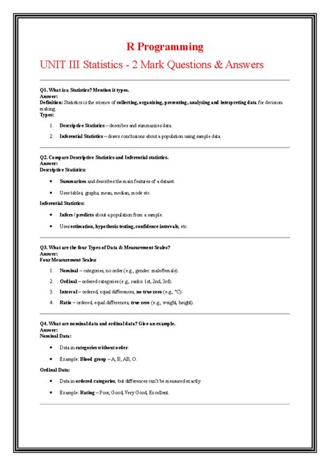 R Programming UNIT III Statistics - 2 Mark Q&A Notes - Studocu