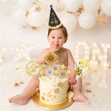 Buy BEISHIDA Gold Happy Birthday Cake Toppers Hat Stars with Confetti ...
