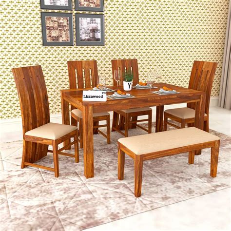 LIZZAWOOD Solid Sheesham Wood Six Seater Dining Table with 4 Chair ...