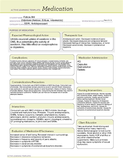 Sertraline (Zoloft) Drug Card Study Guide - Pharmacology Ch. 14 - Studocu