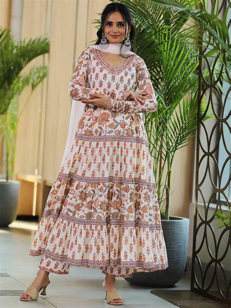 Buy Off white Printed Cotton A-Line Kurta With Palazzos & Dupatta ...