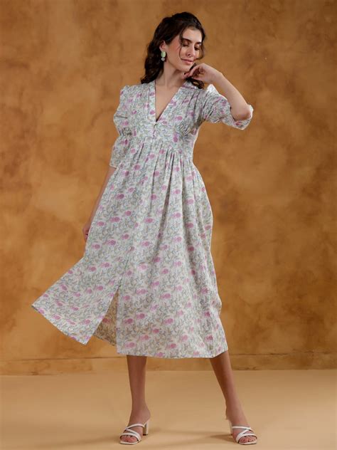 White Cotton V-Neck Printed Dress for Women