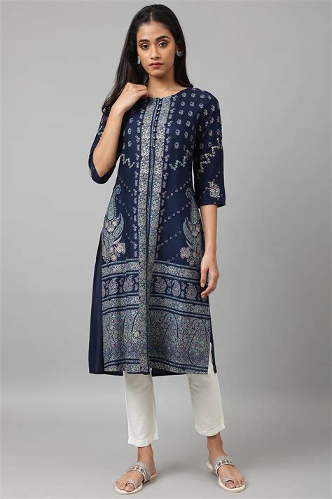 Buy Dark Blue Placement Print Rayon kurta Online for Woman | WforWoman
