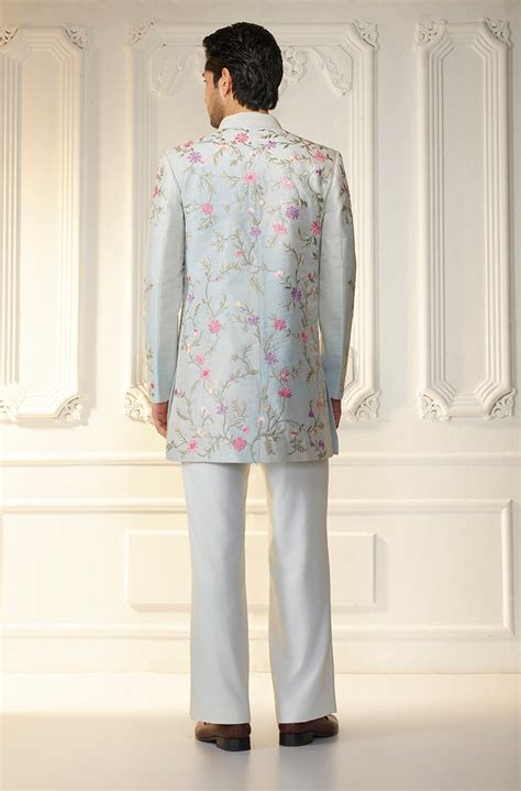 Ice Blue Multicolor Floral Embroidered Sherwani Set – Manish Malhotra