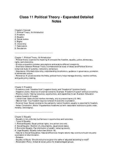 Class 11 Political Theory: Expanded Notes on Key Concepts - Studocu