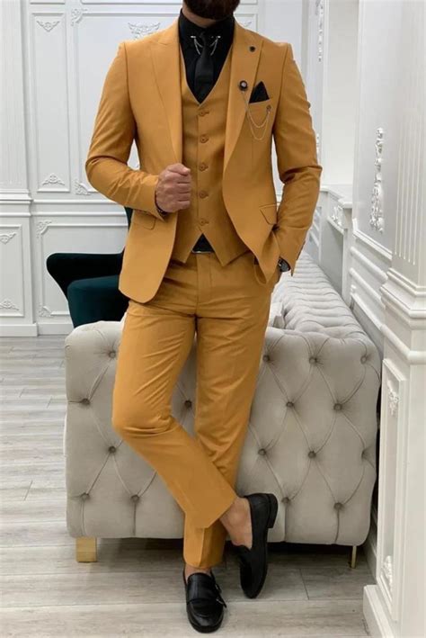 Men Yellow Three Piece Suit Wedding Suit One Button Suit Yellow Sainly