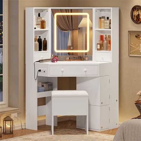 Amuzer Corner Vanity Table with Charging Station, Makeup Desk Set with ...