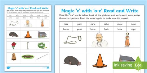 Magic e with 'o-e' Read and Write Worksheet (teacher made)