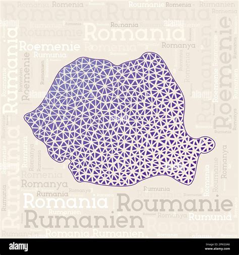 ROMANIA map design. Country names in different languages and map shape with geometric low poly ...