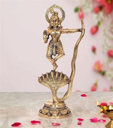 Brass Krishna Bhagwan Murti Dancing on Kaliya Naag - Religious Statue ...