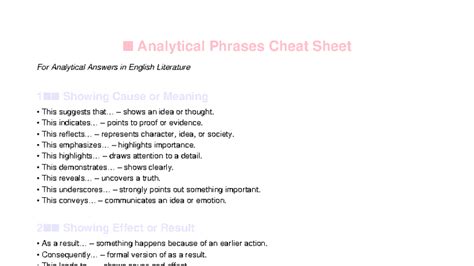 Analytical Phrases Cheat Sheet for English Literature Analysis - Studocu