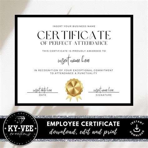 Certificate of Perfect Attendance Template, INSTANT DOWNLOAD, Editable ...