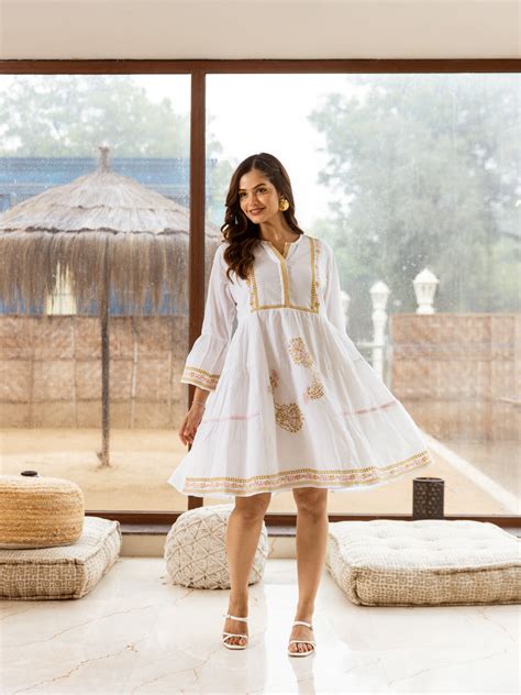 Blue Star White Embroidery Dress – Aadews