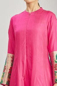 Buy Pink , Muga Band Collar Handwoven Banarasi Anarkali With Dupatta ...