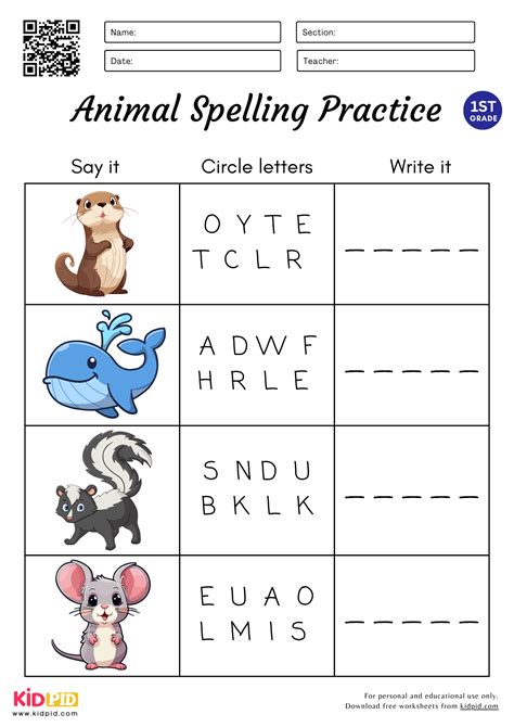 5 Letters Animal Spelling Circle & Write Worksheet for Grade 1 - Kidpid
