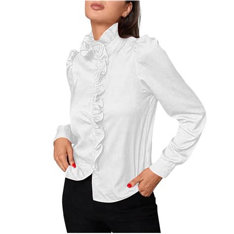 aidice Tops for Womens Dressy Ruffle High Neck Long Sleeve Button up ...