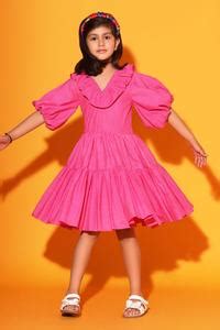 Buy Pink Cotton Ruffles Balloon Sleeve Tiered Dress For Girls by ...