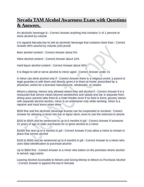 Nevada TAM Alcohol Awareness Exam with Questions & Answers. | Exams ...