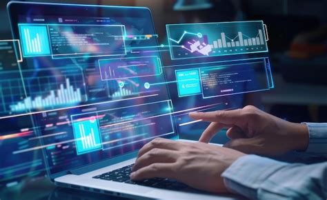Businessman using a laptop with digital marketing data and an ...