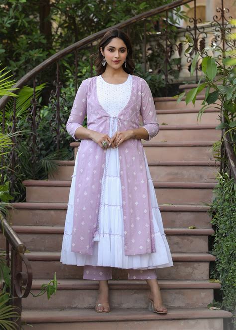 Ziya White Tiered Kurta & Lavender Printer Shrug with Pant – EverBloom