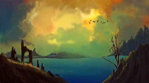 Download wallpaper 3840x2160 rocks, tree, birds, water, art hd background