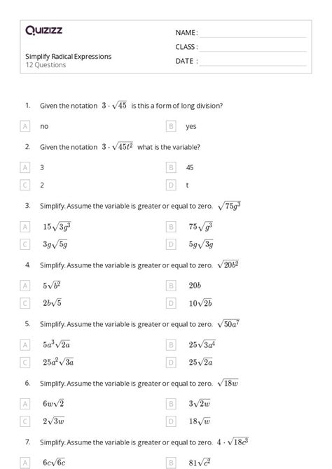 Simplifying Radical Expressions Worksheet 的图像结果