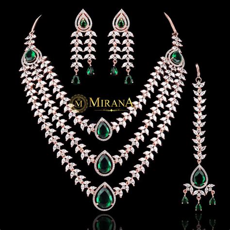 Diana Green Colored Triple Layered Designer Necklace Set