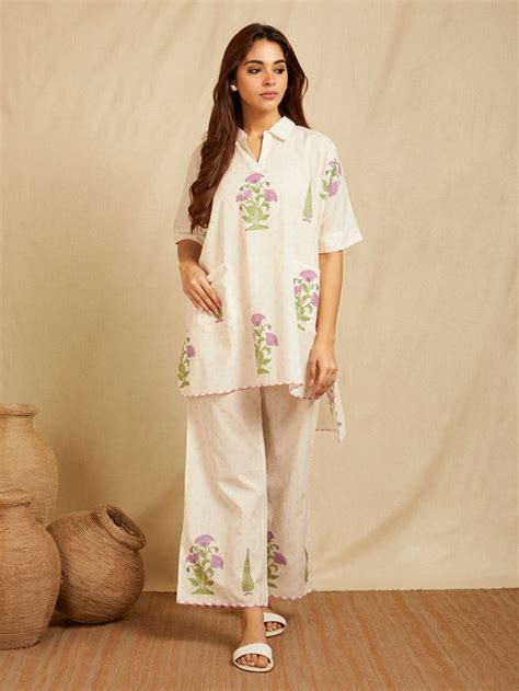 Buy Off White Hand Block Printed Cotton Co-ord Set - Set of 2 ...