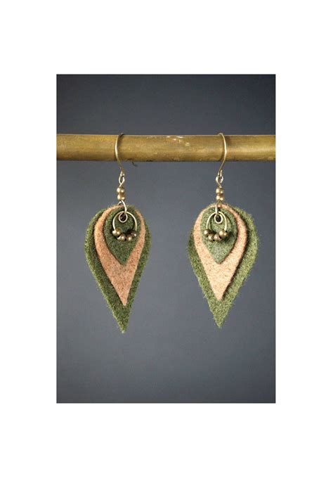 Buy Felt Earrings, Drop Earrings, Festival Jewelry, Brass Beads, Green ...