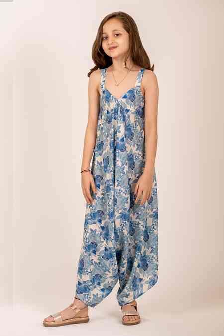 Buy Blue Cotton, Rayon Blossom Print Asymmetric Palazzo Jumpsuit For ...