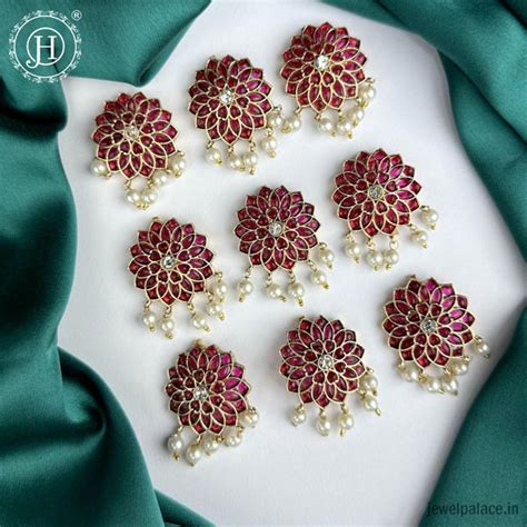 Jadai Billai for Women 9 Pcs Gold Plated Red Crystal Studded Beads Dro ...